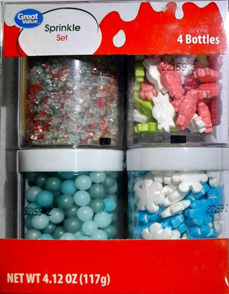 Great Value 'Holiday' Sprinkle Mix 4er Set Streusel zum Dekorieren, blau Schneeflocken, Perlen 117 gr